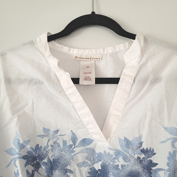 M COLLECTION White & Blue Floral V Neck Quarter Sleeve Lightweight Cotton - Picture 5 of 7